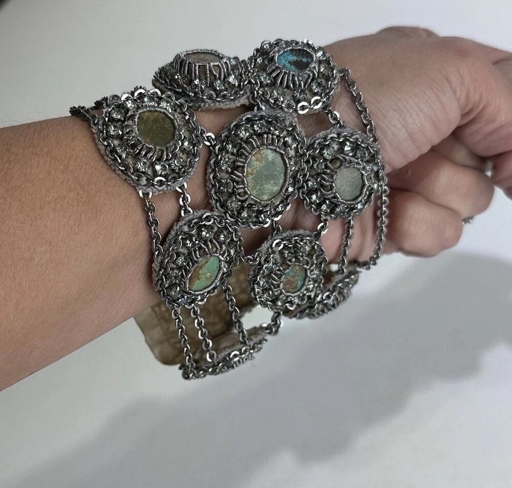 Vintage Handmade Turquoise Statement Bracelet Silver Tone Boho Artisan Jewelry